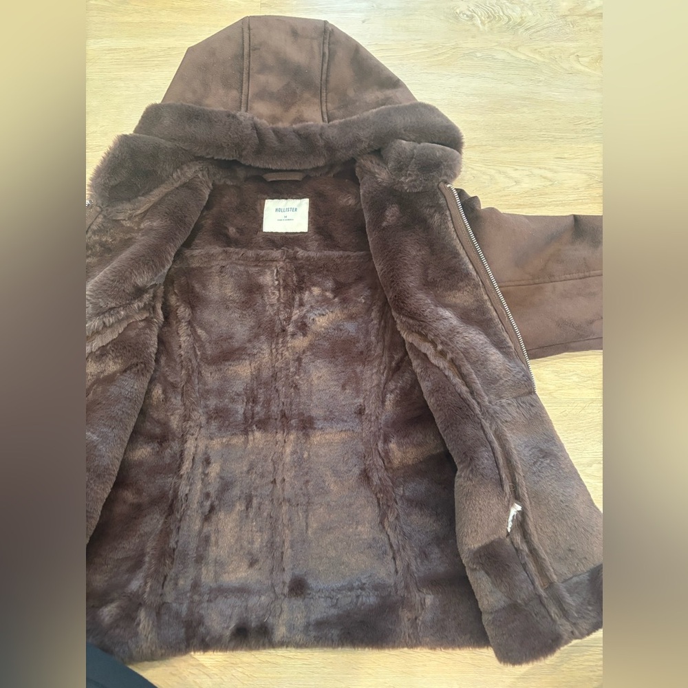Hollister Faux Fur-Lined Faux Shearling Hooded Jacket Espresso Brown Women’s M - Picture 3 of 6